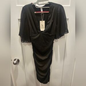 YesTo Black Ruched Bodycon Midi Dress Flutter Sleeve V-Neck NWT Size Small